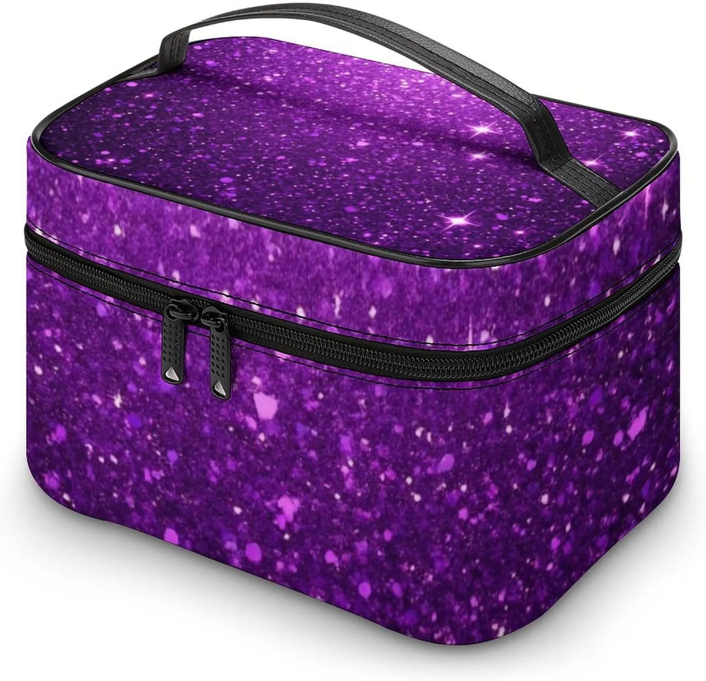 Travel Large Cosmetic Bag for Women, Portable Makeup Organizer Case with Handle Beautiful Dark Purple Bling Glitter Sparkles Pattern Toiletry Bag Makeup Accessories
