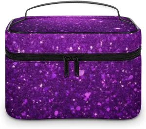 Travel Large Cosmetic Bag for Women, Portable Makeup Organizer Case with Handle Beautiful Dark Purple Bling Glitter Sparkles Pattern Toiletry Bag Makeup Accessories