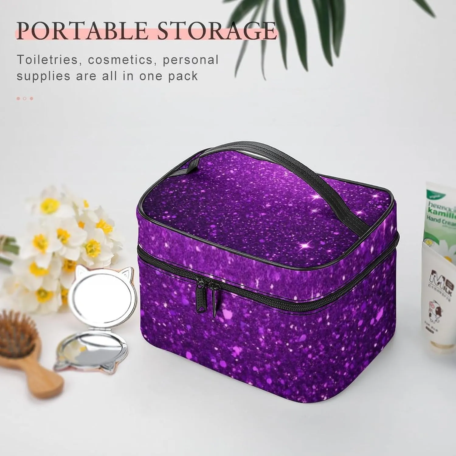 Travel Large Cosmetic Bag for Women, Portable Makeup Organizer Case with Handle Beautiful Dark Purple Bling Glitter Sparkles Pattern Toiletry Bag Makeup Accessories