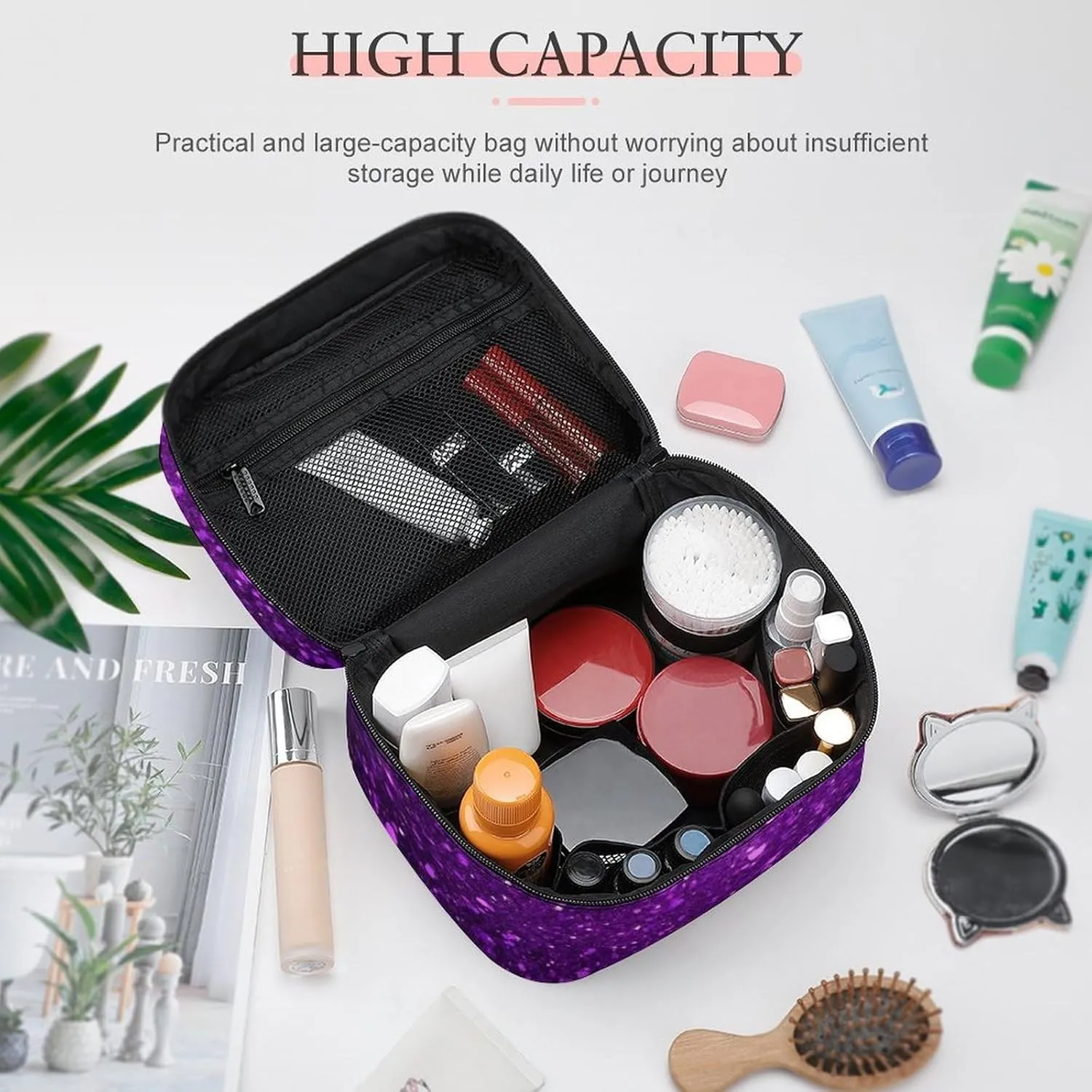 Travel Large Cosmetic Bag for Women, Portable Makeup Organizer Case with Handle Beautiful Dark Purple Bling Glitter Sparkles Pattern Toiletry Bag Makeup Accessories