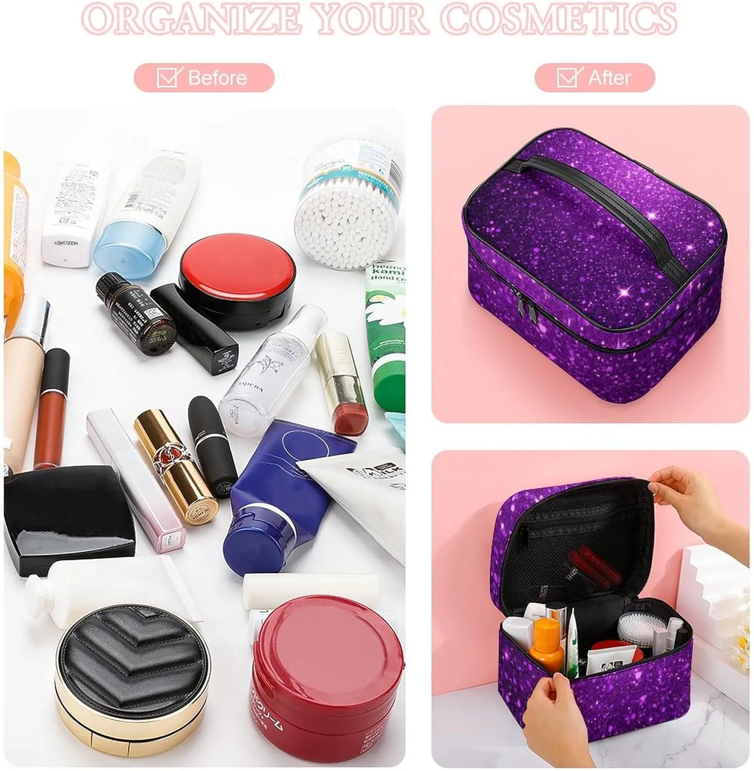 Travel Large Cosmetic Bag for Women, Portable Makeup Organizer Case with Handle Beautiful Dark Purple Bling Glitter Sparkles Pattern Toiletry Bag Makeup Accessories
