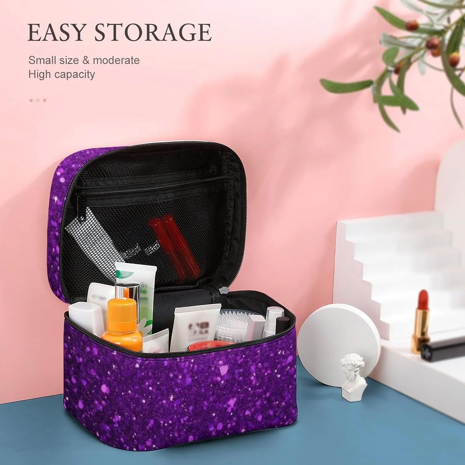 Travel Large Cosmetic Bag for Women, Portable Makeup Organizer Case with Handle Beautiful Dark Purple Bling Glitter Sparkles Pattern Toiletry Bag Makeup Accessories