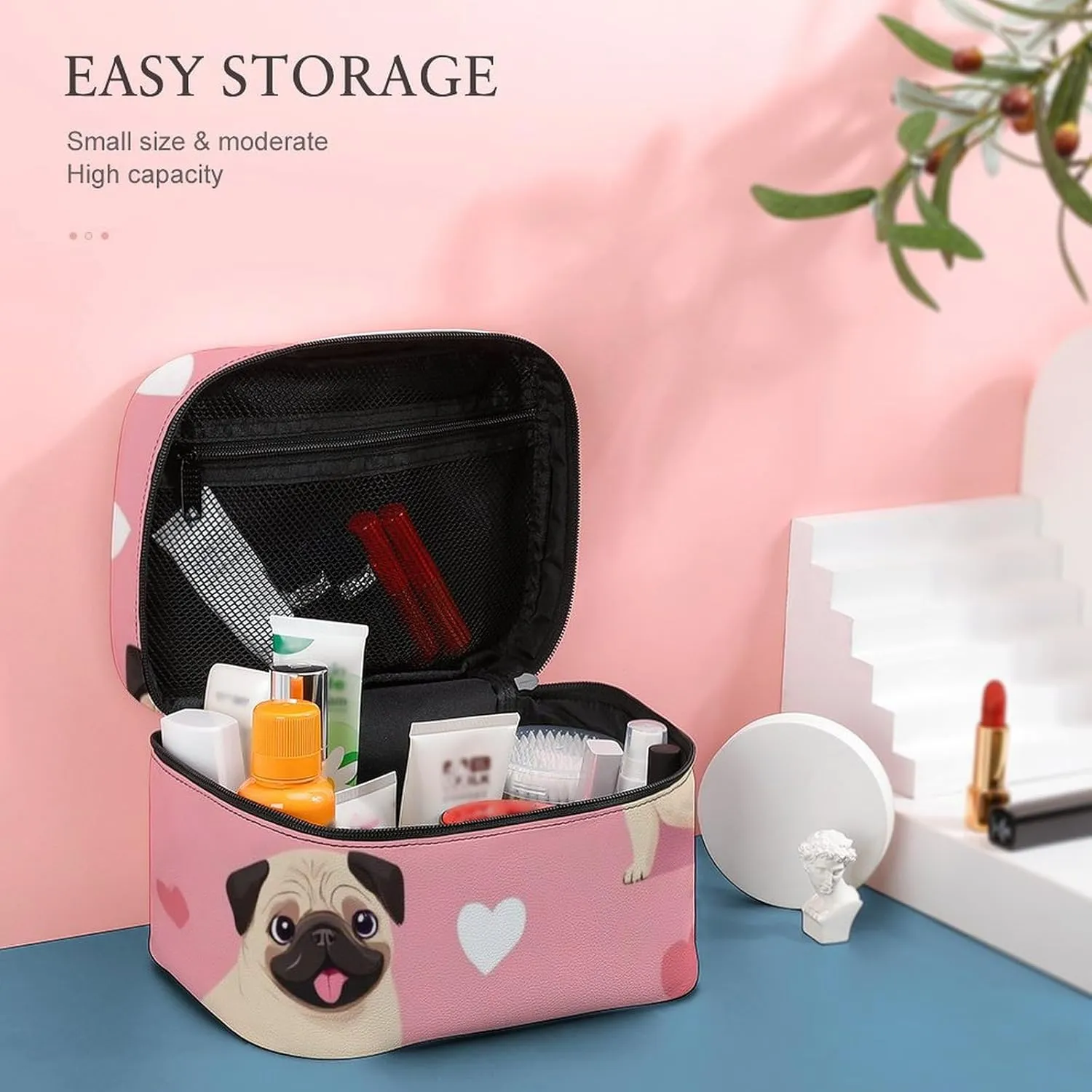 Travel Large Cosmetic Bag for Women, Portable Makeup Organizer Case with Handle Funny Cartoon Pugs Puppy Pink Toiletry Bag Makeup Accessories