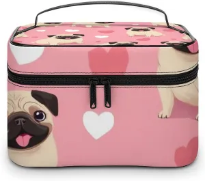 Travel Large Cosmetic Bag for Women, Portable Makeup Organizer Case with Handle Funny Cartoon Pugs Puppy Pink Toiletry Bag Makeup Accessories