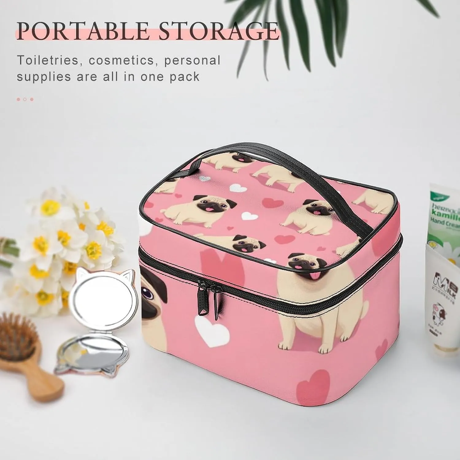 Travel Large Cosmetic Bag for Women, Portable Makeup Organizer Case with Handle Funny Cartoon Pugs Puppy Pink Toiletry Bag Makeup Accessories