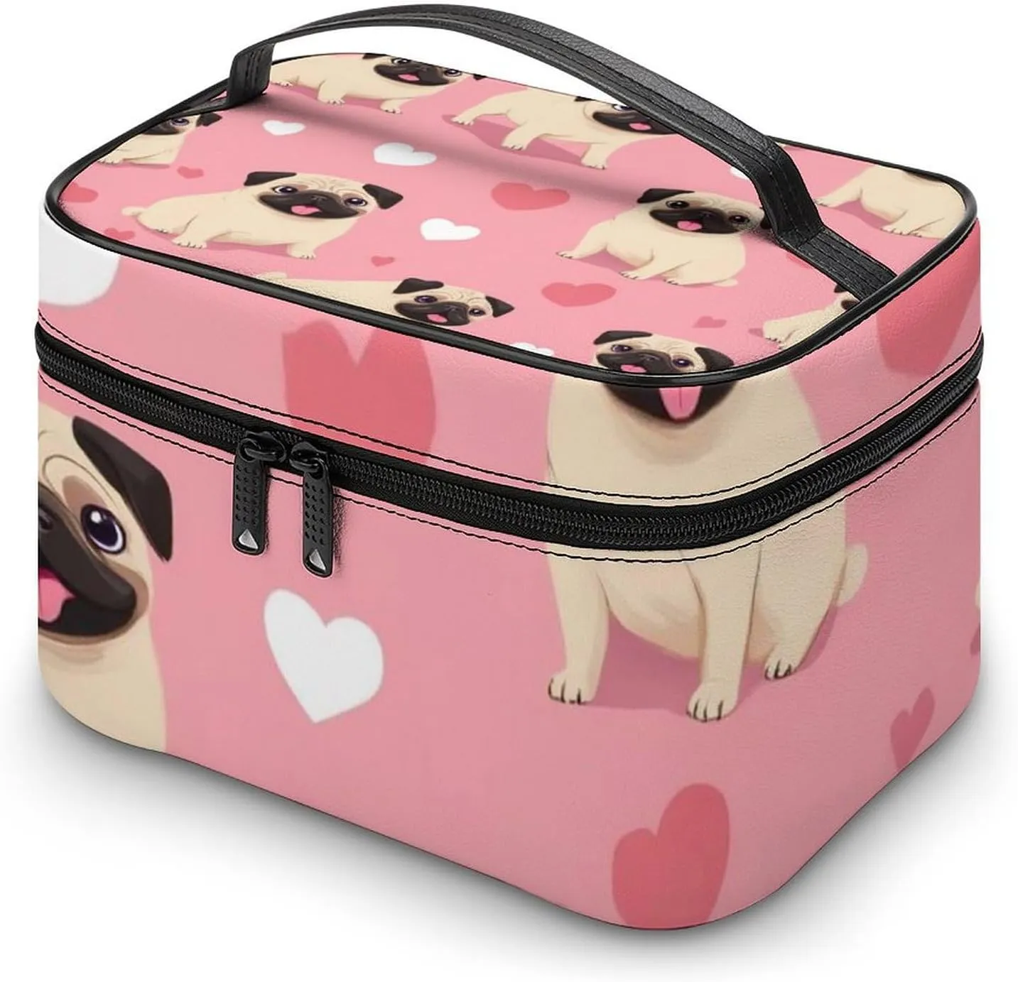 Travel Large Cosmetic Bag for Women, Portable Makeup Organizer Case with Handle Funny Cartoon Pugs Puppy Pink Toiletry Bag Makeup Accessories