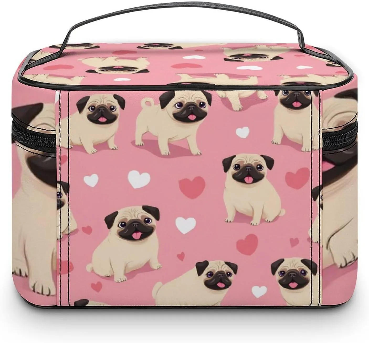Travel Large Cosmetic Bag for Women, Portable Makeup Organizer Case with Handle Funny Cartoon Pugs Puppy Pink Toiletry Bag Makeup Accessories