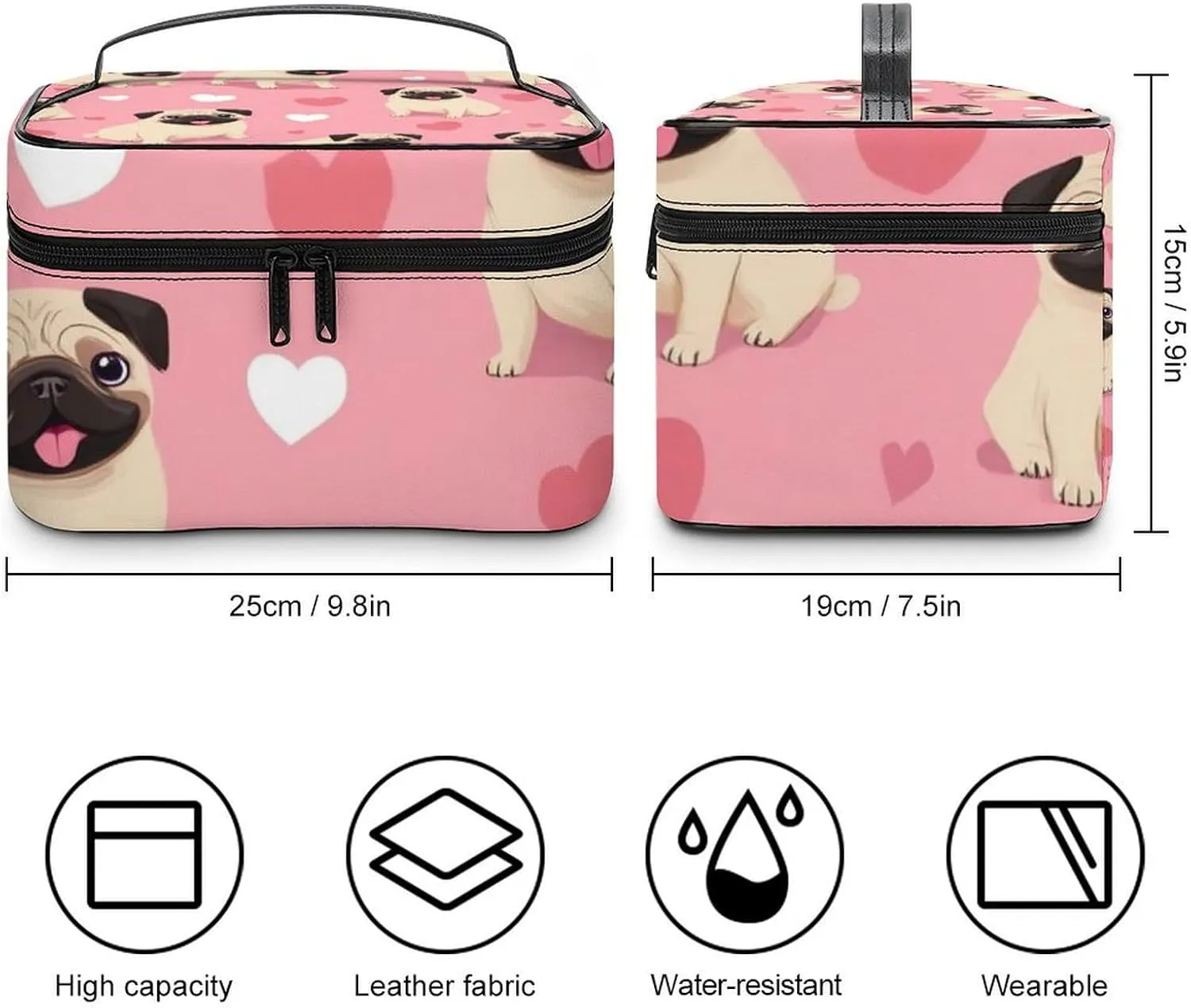 Travel Large Cosmetic Bag for Women, Portable Makeup Organizer Case with Handle Funny Cartoon Pugs Puppy Pink Toiletry Bag Makeup Accessories