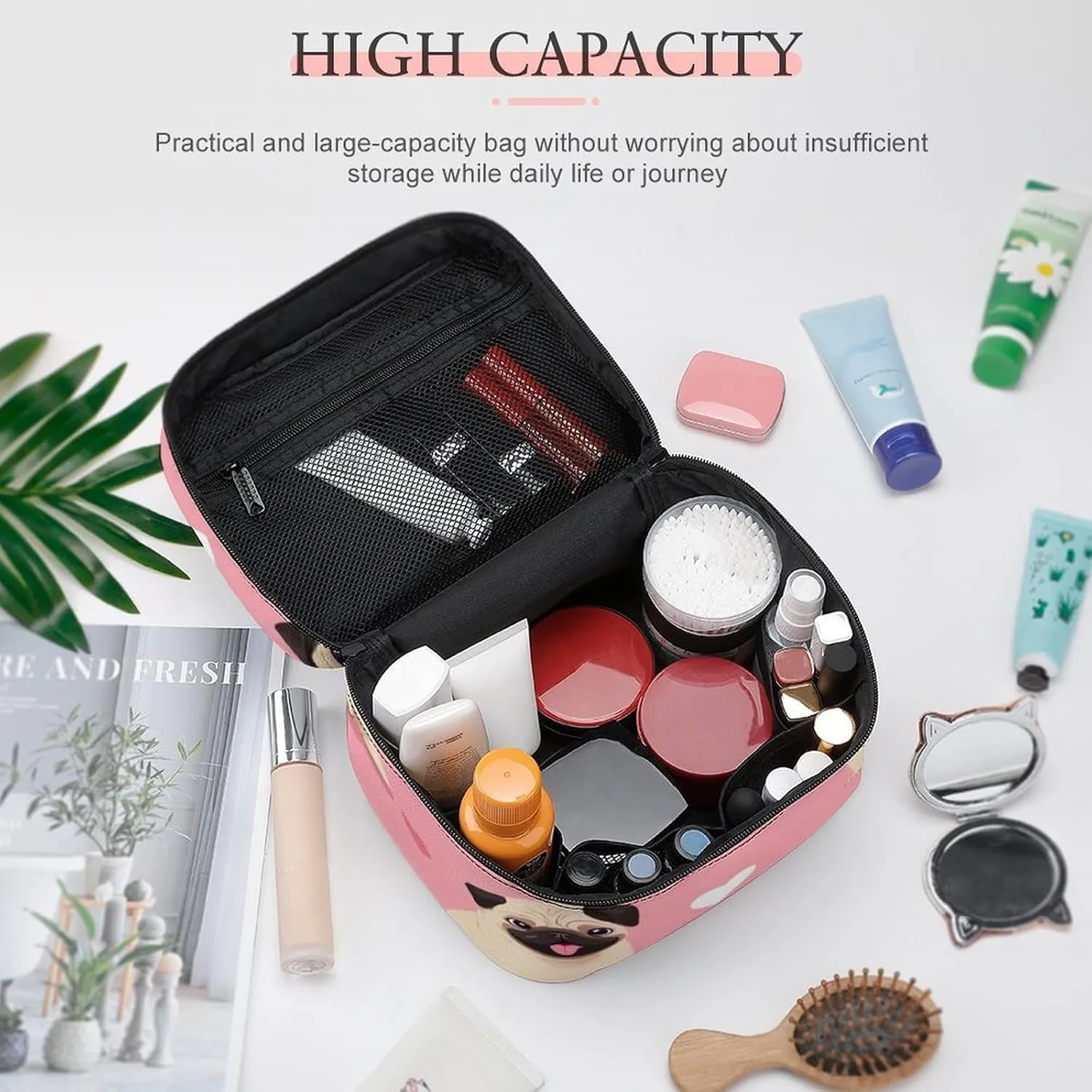 Travel Large Cosmetic Bag for Women, Portable Makeup Organizer Case with Handle Funny Cartoon Pugs Puppy Pink Toiletry Bag Makeup Accessories