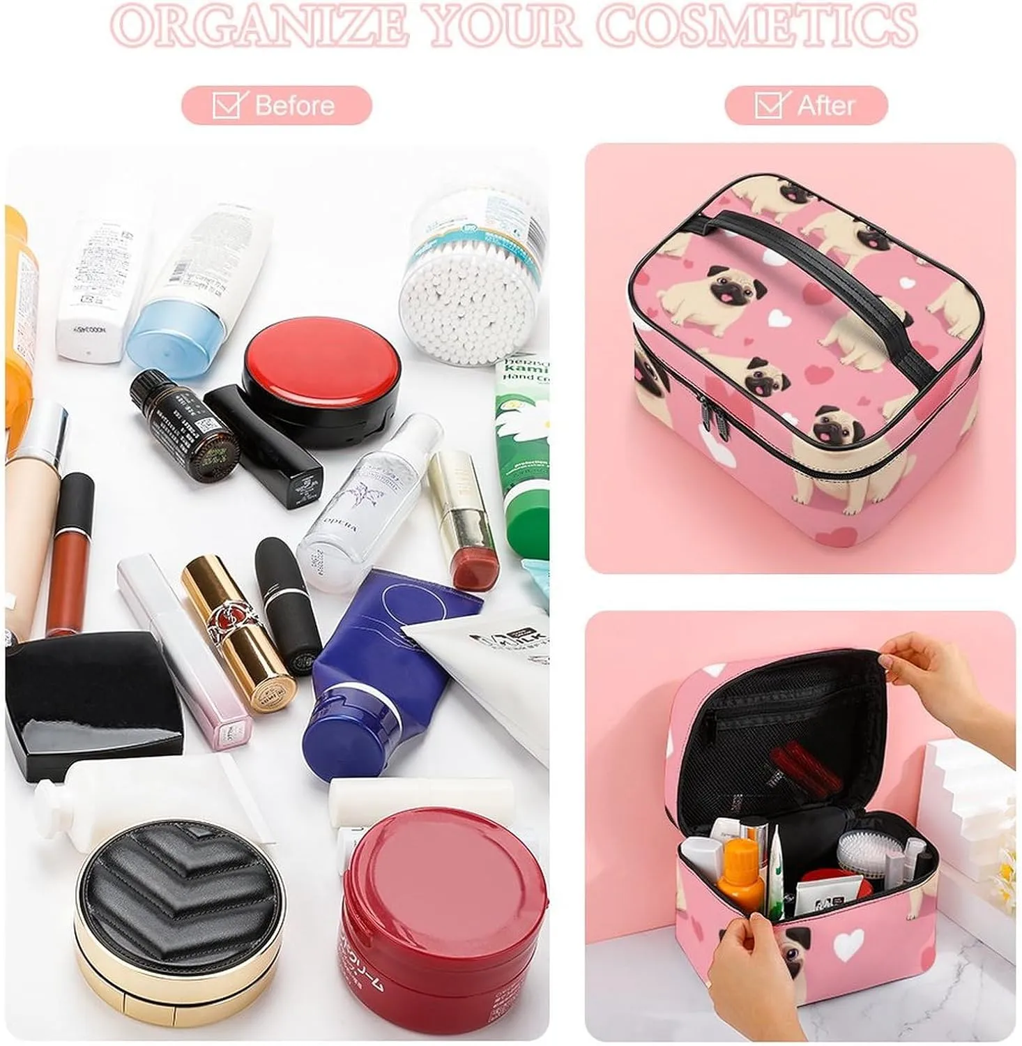 Travel Large Cosmetic Bag for Women, Portable Makeup Organizer Case with Handle Funny Cartoon Pugs Puppy Pink Toiletry Bag Makeup Accessories