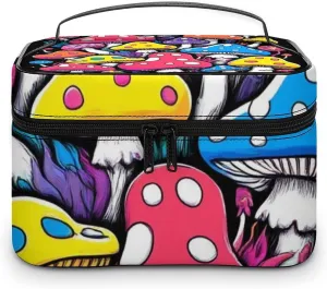 Travel Large Cosmetic Bag for Women, Portable Makeup Organizer Case with Handle Neon Mushrooms Pattern Colorful Toiletry Bag Makeup Accessories