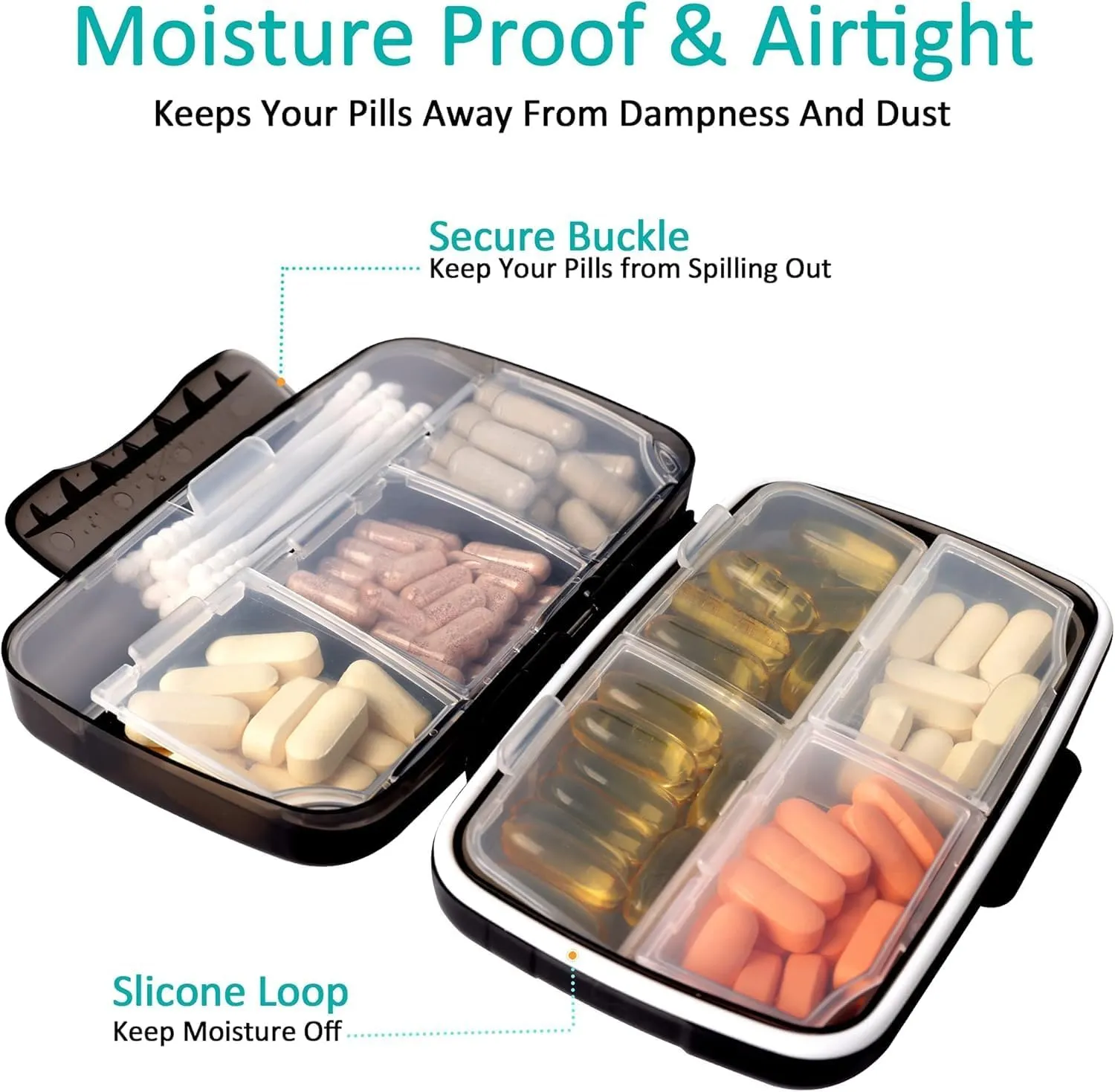 Travel Pill Organizer Large Portable Medication Fullicon Oversize 8 Compartment Pill Box, Vitamin Travel Case Pill Holder - Airtight & Moistureproof (Black)