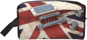Travel Toiletry Bag for Women Men Leather Makeup Bag Large Portable Travel Organizer Guitar British Flag Cosmetic Bag with Hanging Hook Travel Bathroom Bag Zipper Pouch Purse