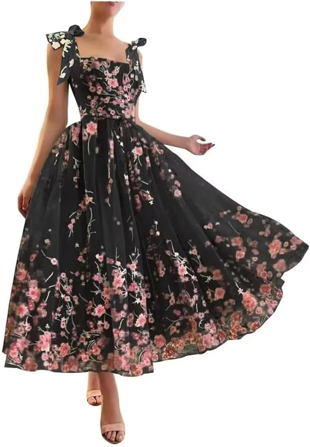 TRHTX Elegant Tea Length Prom Dress with Pockets Embroidered Formal Dresses Tie Straps Party Dress