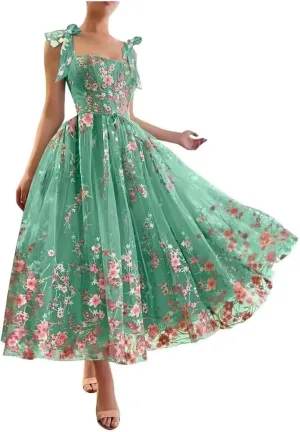 TRHTX Elegant Tea Length Prom Dress with Pockets Embroidered Formal Dresses Tie Straps Party Dress