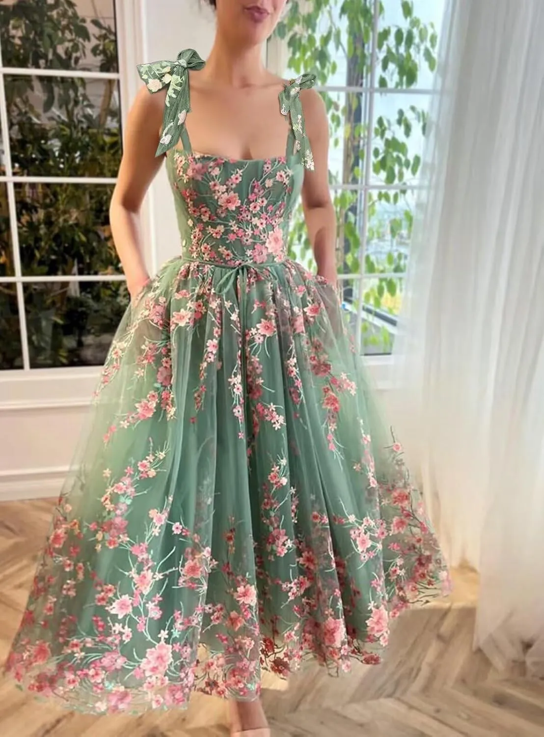 TRHTX Elegant Tea Length Prom Dress with Pockets Embroidered Formal Dresses Tie Straps Party Dress