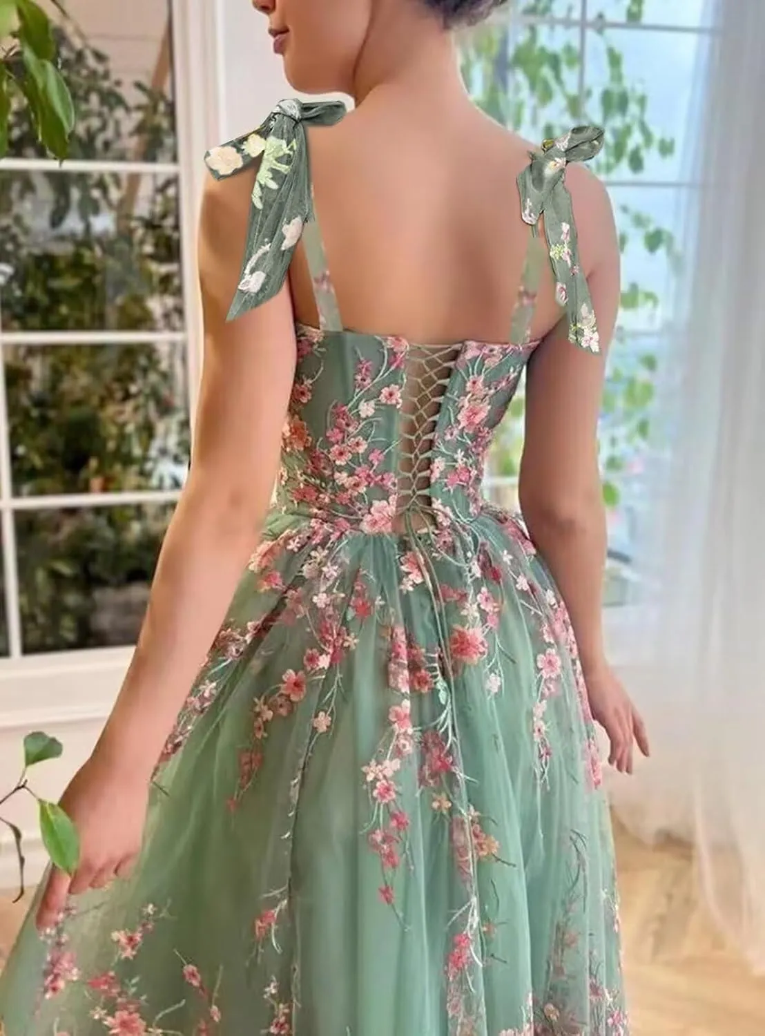 TRHTX Elegant Tea Length Prom Dress with Pockets Embroidered Formal Dresses Tie Straps Party Dress