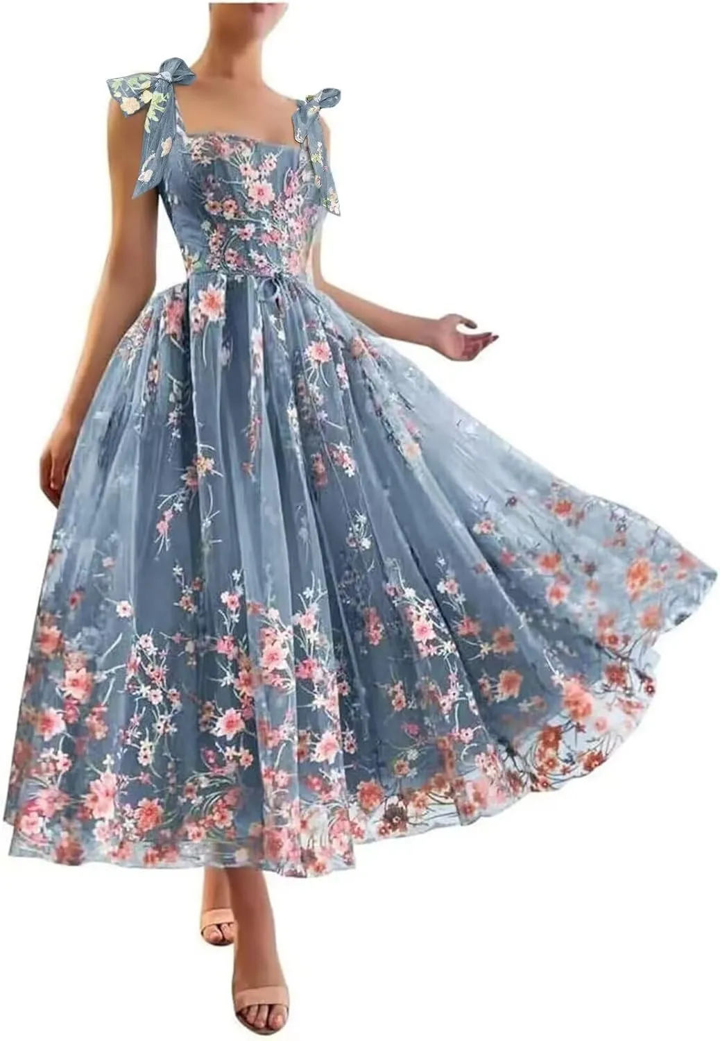 TRHTX Elegant Tea Length Prom Dress with Pockets Embroidered Formal Dresses Tie Straps Party Dress