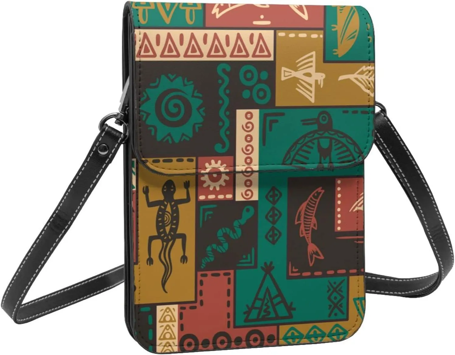 Tribal Ancient Totem Symbol Collage Vintage Crossbody Cell Phone Purse for Womens Lightweight Small Soft Leather Fashion Travel Wallet with Adjustable Strap