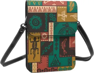 Tribal Ancient Totem Symbol Collage Vintage Crossbody Cell Phone Purse for Womens Lightweight Small Soft Leather Fashion Travel Wallet with Adjustable Strap