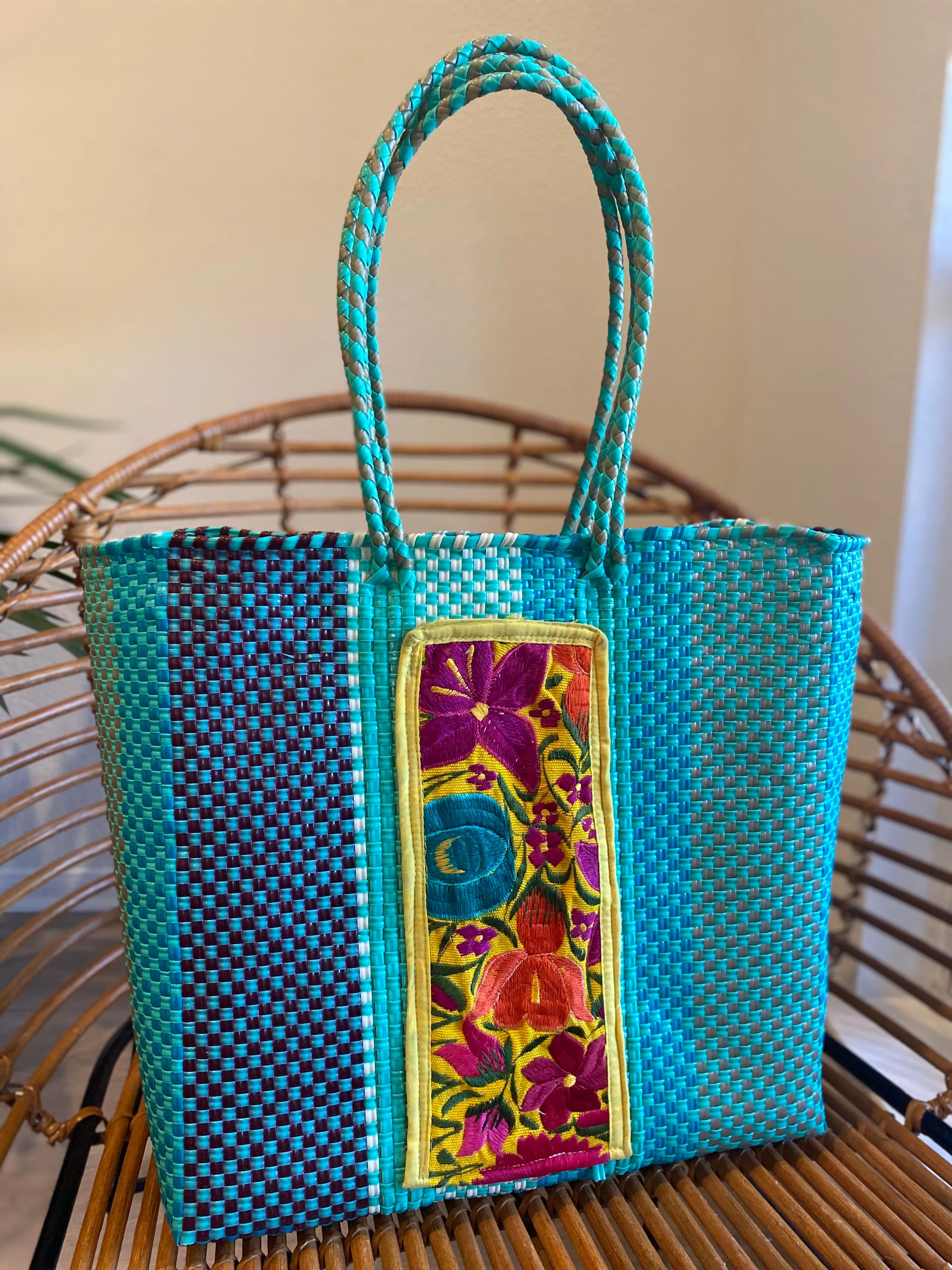 Turquoise/Multi Woven Tote with Embroidery