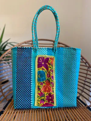 Turquoise/Multi Woven Tote with Embroidery