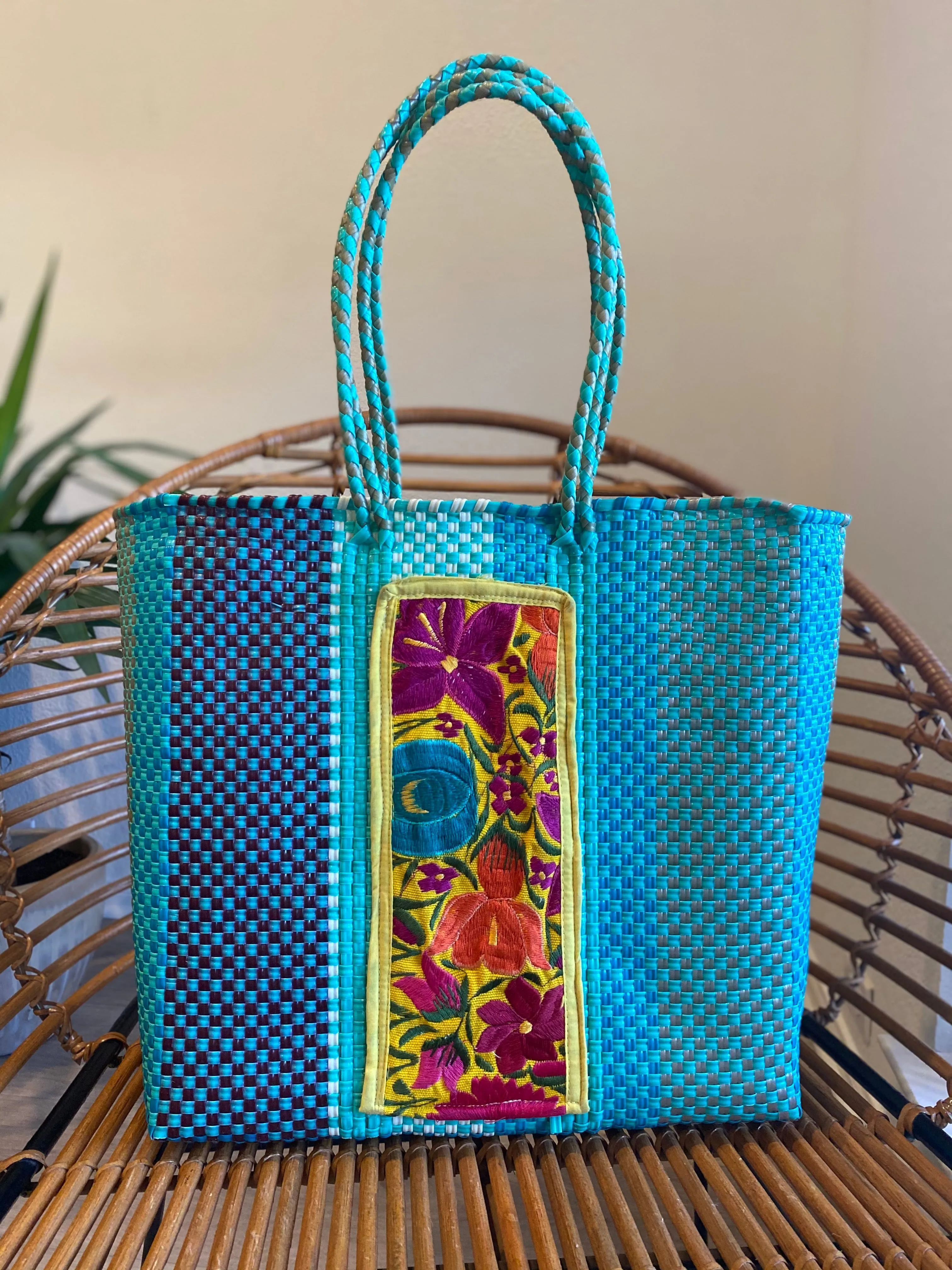 Turquoise/Multi Woven Tote with Embroidery