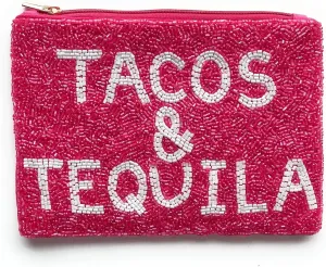 Twine and Love TACOS AND TEQUILA Large Beaded Pouch, Beaded Purse, Make Up Purse, Beaded Pouches, Birthday Best Friend Gift, Cosmetic Bag, Tacos and Tequila Beaded Pouch, Pink