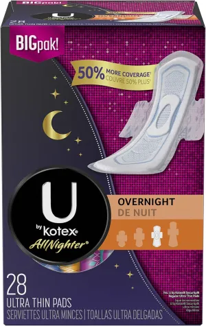 U by Kotex AllNighter Ultra Thin Overnight Pads with Wings, Unscented, 28 Count