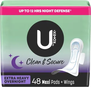 U by Kotex Clean & Secure Overnight Maxi Pads with Wings, Extra Heavy Absorbency, 48 Count (2 Packs of 24) (Packaging May Vary)