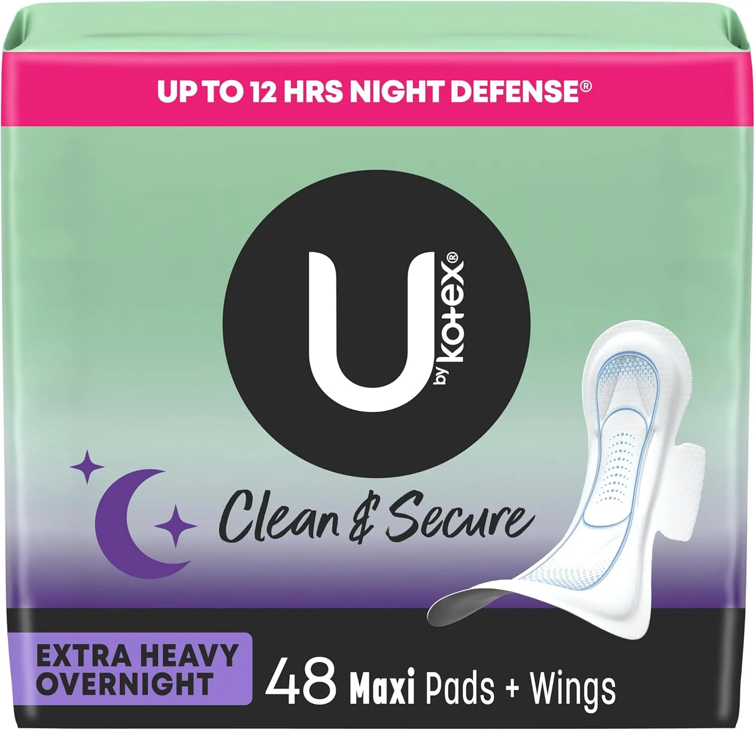 U by Kotex Clean & Secure Overnight Maxi Pads with Wings, Extra Heavy Absorbency, 48 Count (2 Packs of 24) (Packaging May Vary)