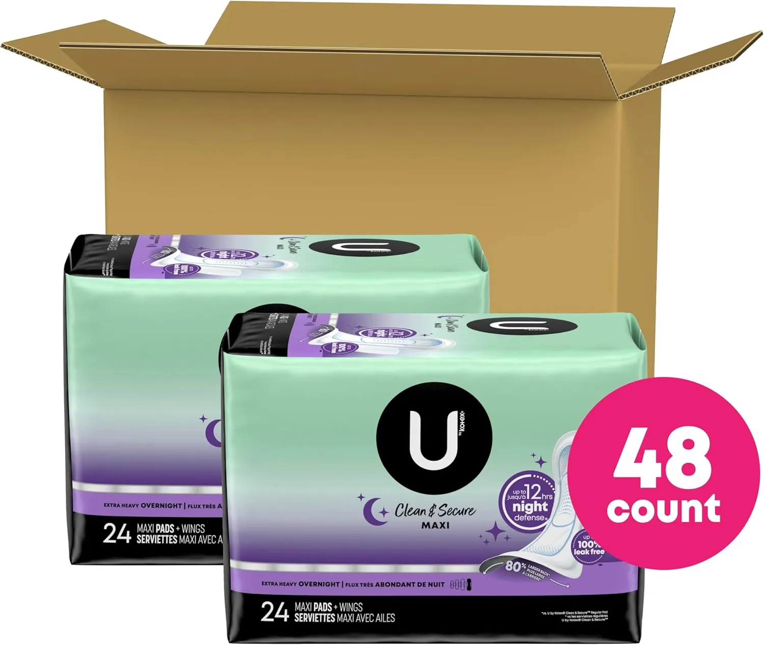 U by Kotex Clean & Secure Overnight Maxi Pads with Wings, Extra Heavy Absorbency, 48 Count (2 Packs of 24) (Packaging May Vary)