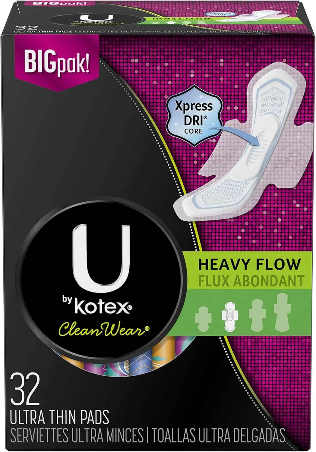 U by Kotex Cleanwear Ultra Thin Pads with Wings, Heavy Flow, 32 Count
