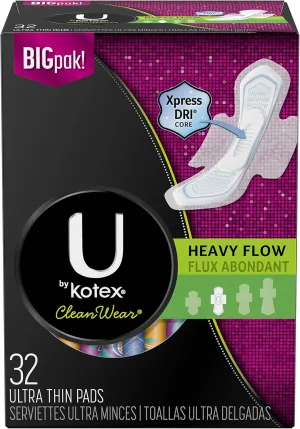 U by Kotex Cleanwear Ultra Thin Pads with Wings, Heavy Flow, 32 Count