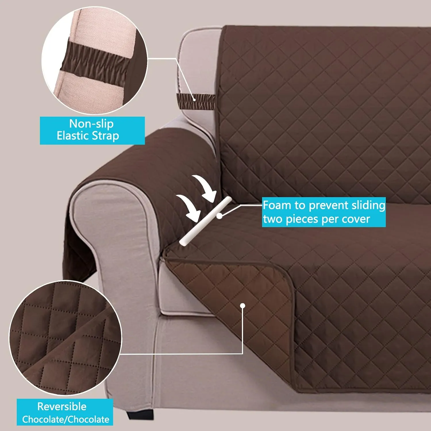 U-NICE HOME Reversible Sofa Cover Couch Cover for Dogs with Elastic Straps Water Resistant Furniture Protector for Pets Couch Cover for 3 Cushion Couch (Sofa, Chocolate/Chocolate)
