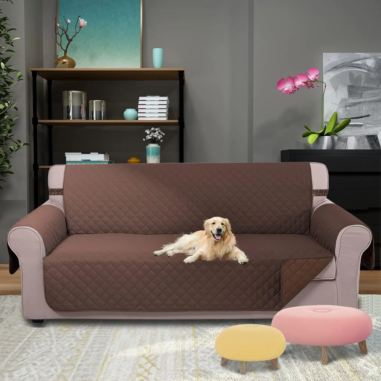 U-NICE HOME Reversible Sofa Cover Couch Cover for Dogs with Elastic Straps Water Resistant Furniture Protector for Pets Couch Cover for 3 Cushion Couch (Sofa, Chocolate/Chocolate)