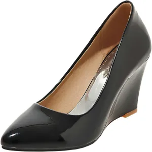 Uniquelly Womens Wedge Patent Leather Pumps High Heel Pointed Toe Slip On Fashion Uniform Dress Shoes