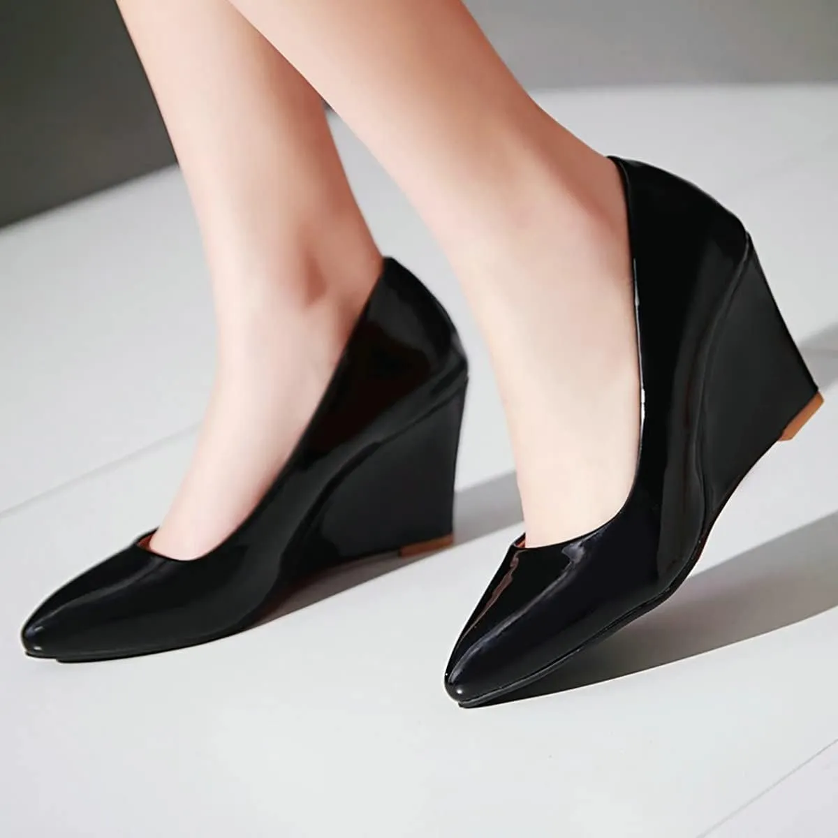 Uniquelly Womens Wedge Patent Leather Pumps High Heel Pointed Toe Slip On Fashion Uniform Dress Shoes