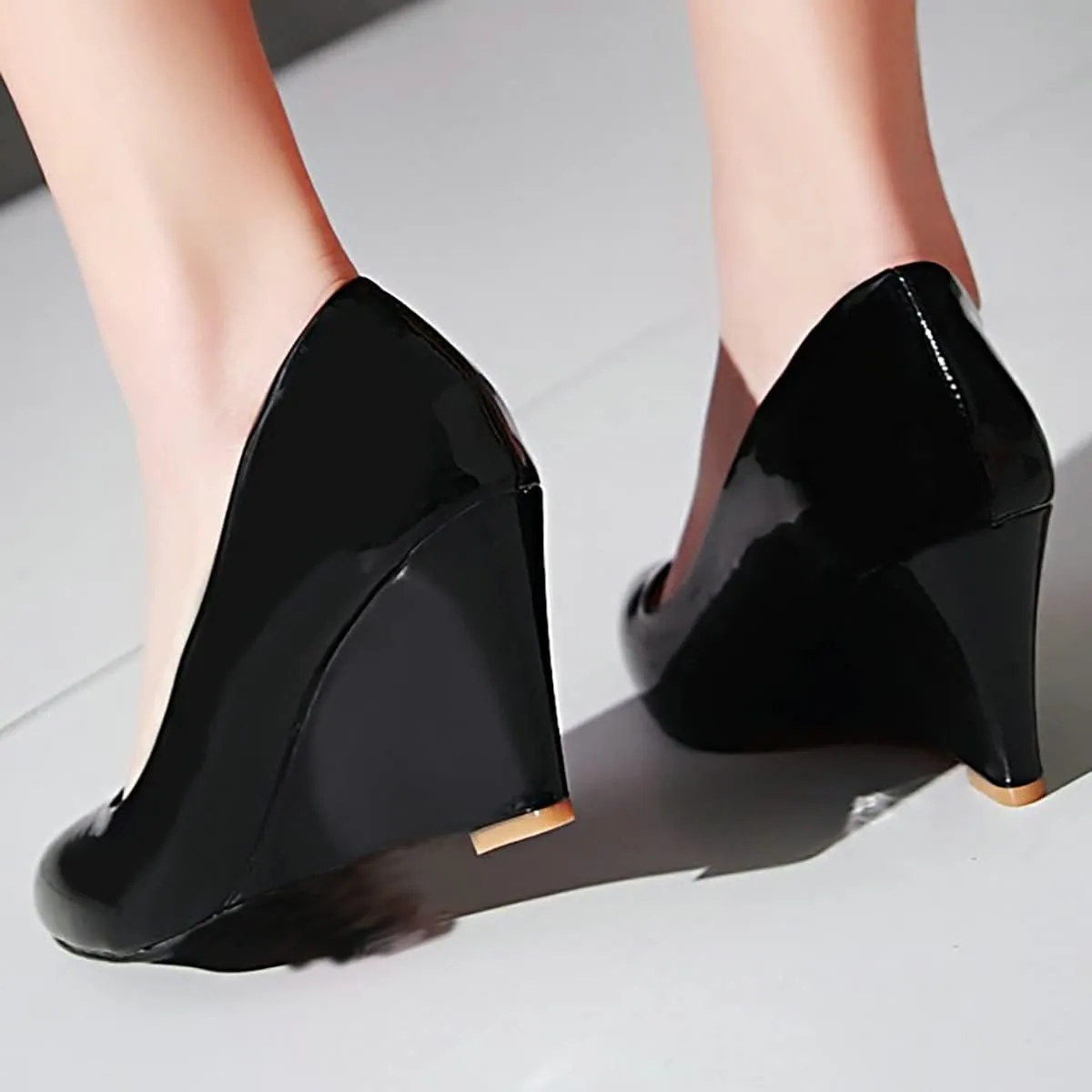 Uniquelly Womens Wedge Patent Leather Pumps High Heel Pointed Toe Slip On Fashion Uniform Dress Shoes