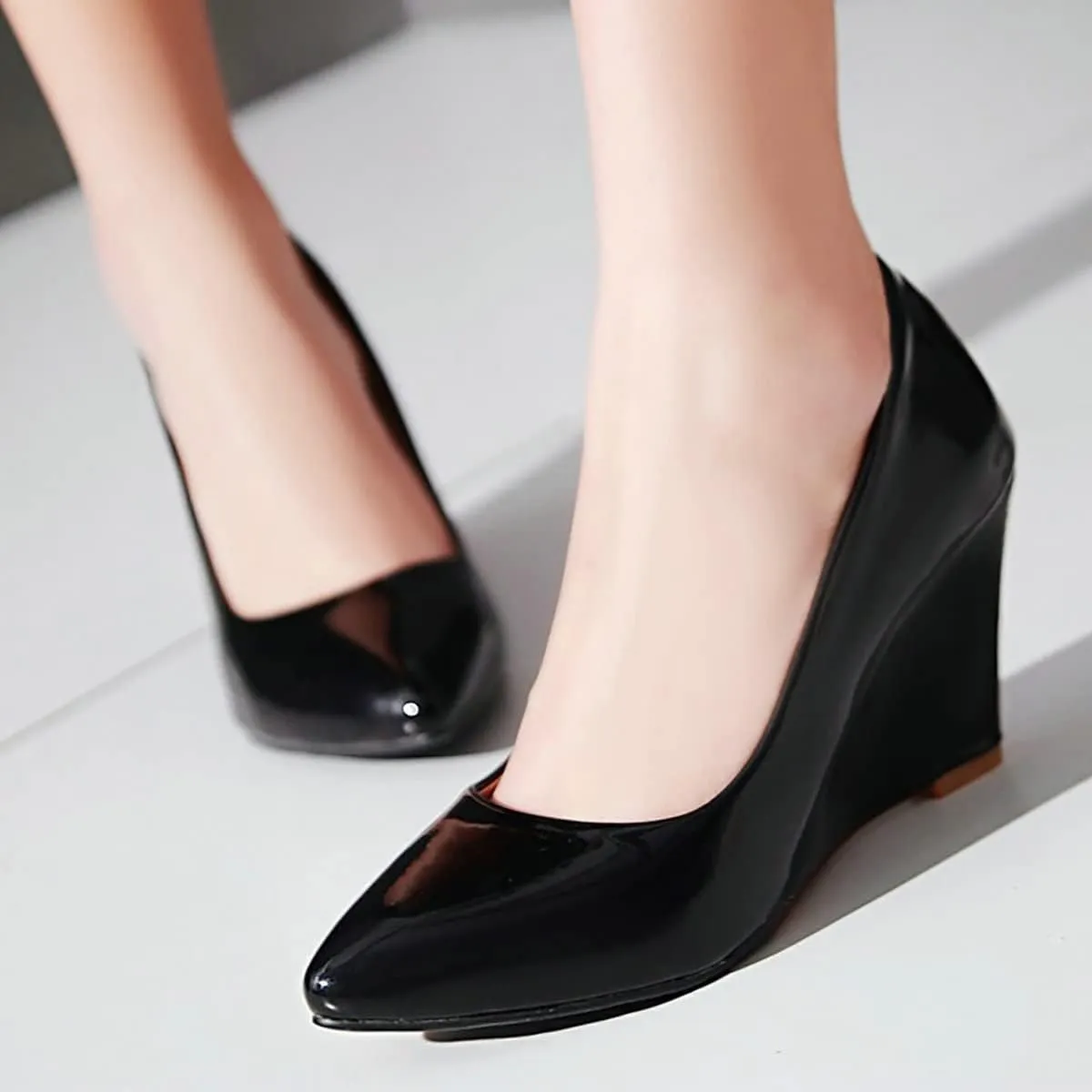 Uniquelly Womens Wedge Patent Leather Pumps High Heel Pointed Toe Slip On Fashion Uniform Dress Shoes