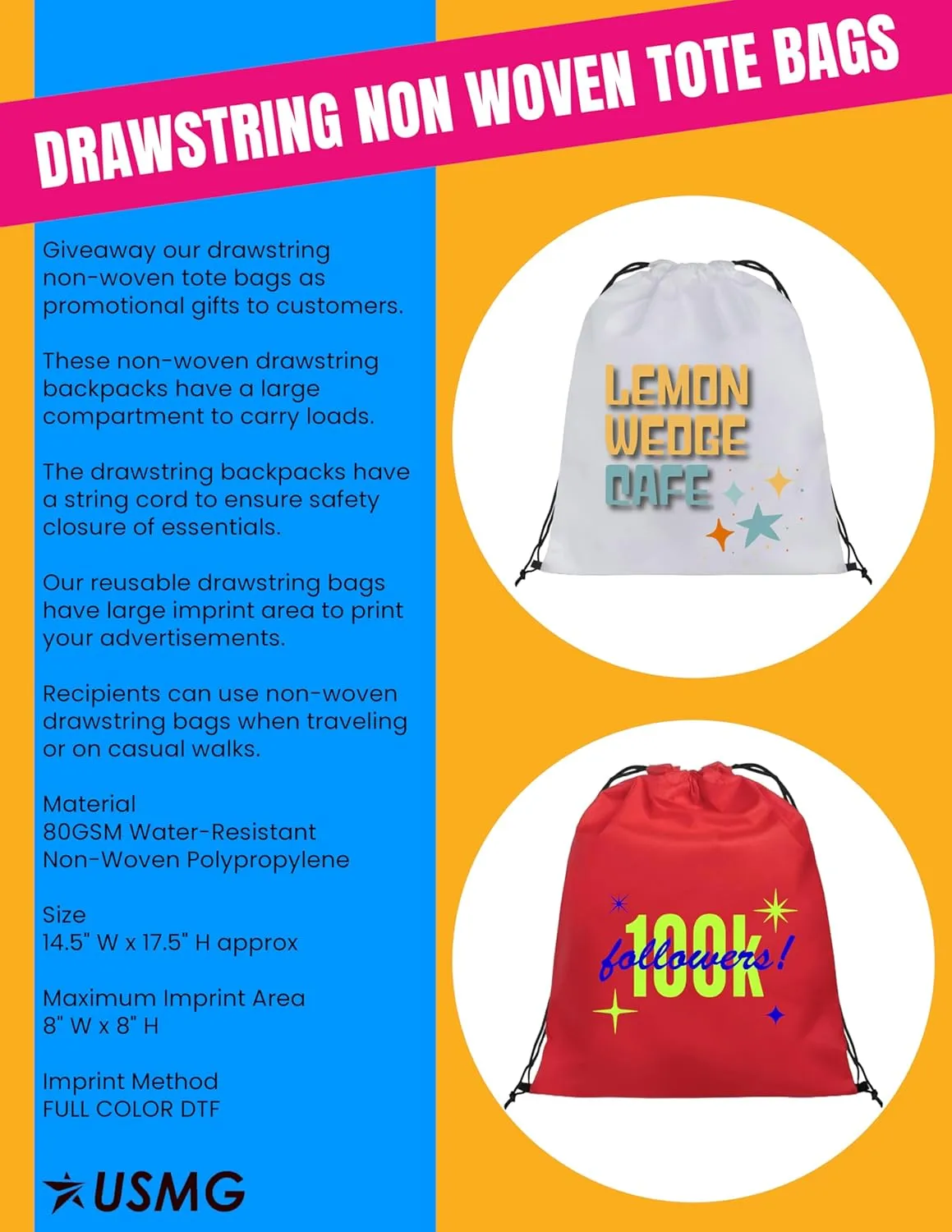 USMG Custom Drawstring Non-Woven Tote Bags - Ideal for Party Favors, Gifts, and Promotions with Vibrant Multi-Color Imprint