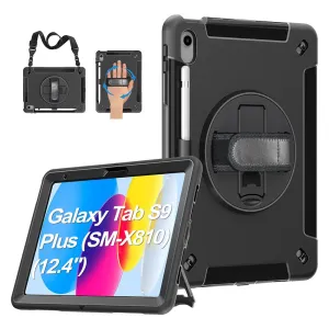 USP Rugged Samsung Galaxy Tab S10 / Tab S9  /Tab S9 FE  (12.4') Case Black - Built-in-Kickstand, Adjustable Hand Strap, Shoulder Strap, Pen Holder