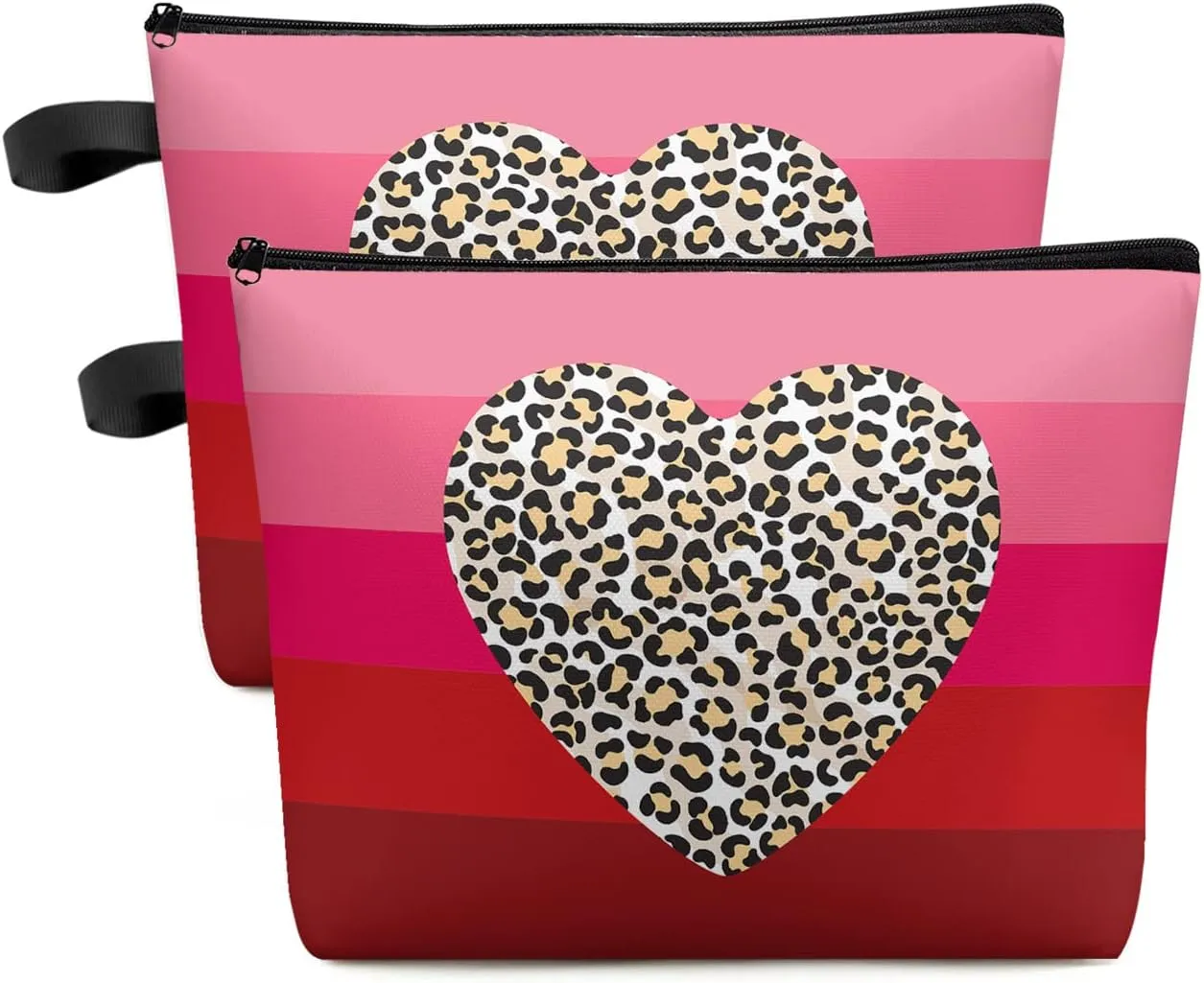 Valentines Cosmetic Bags for Women, Leopard Love Pink Gradual Stripe Small Makeup Bag for Purse, Waterproof Travel Toiletry Bag Accessories Organizer, 2PCS