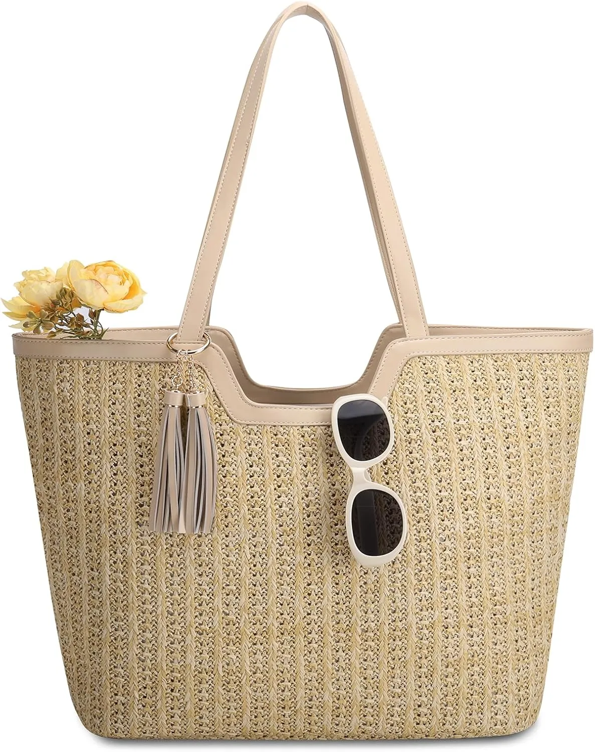 VASCHY Straw Beach Tote Bag for Women, Cute Trendy Woven Crochet Raffia Summer Shoulder Handbags Purses for Travel Vacation