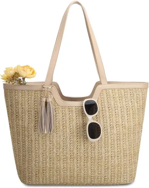 VASCHY Straw Beach Tote Bag for Women, Cute Trendy Woven Crochet Raffia Summer Shoulder Handbags Purses for Travel Vacation