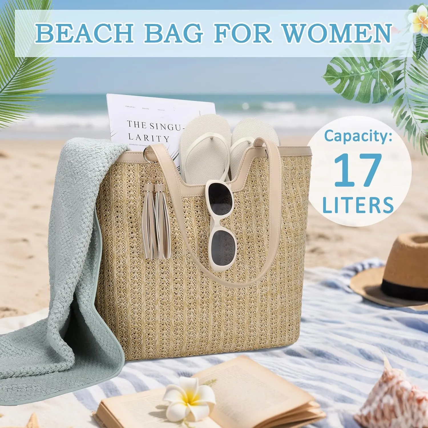 VASCHY Straw Beach Tote Bag for Women, Cute Trendy Woven Crochet Raffia Summer Shoulder Handbags Purses for Travel Vacation