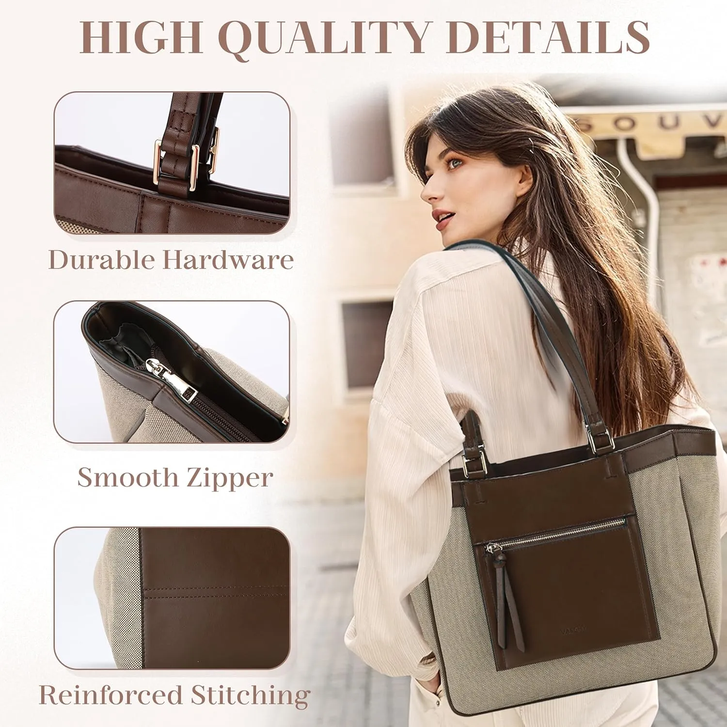 VASCHY Tote Bag Purse for Women, Fashion Canvas Vegan Leather Patchwork Satchel Shoulder Bag Handbag for Work