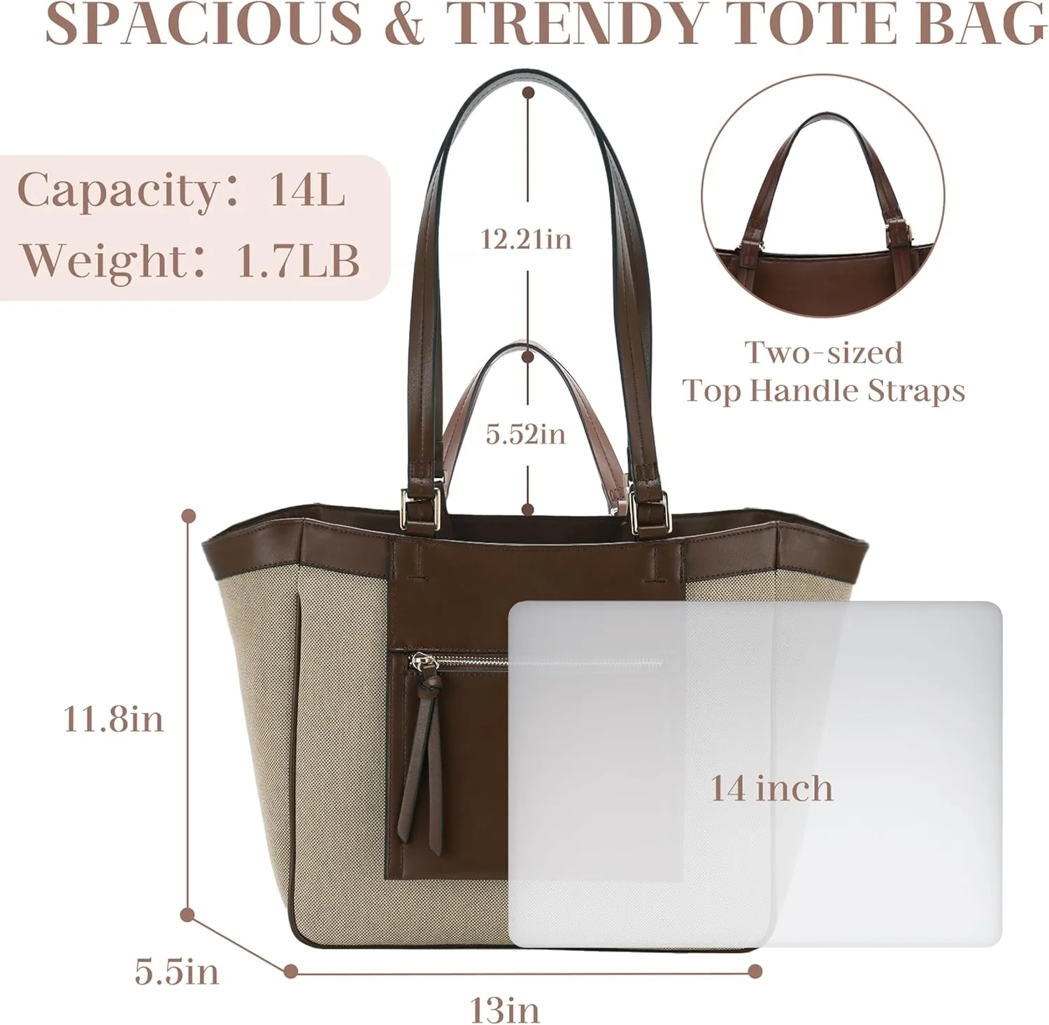 VASCHY Tote Bag Purse for Women, Fashion Canvas Vegan Leather Patchwork Satchel Shoulder Bag Handbag for Work