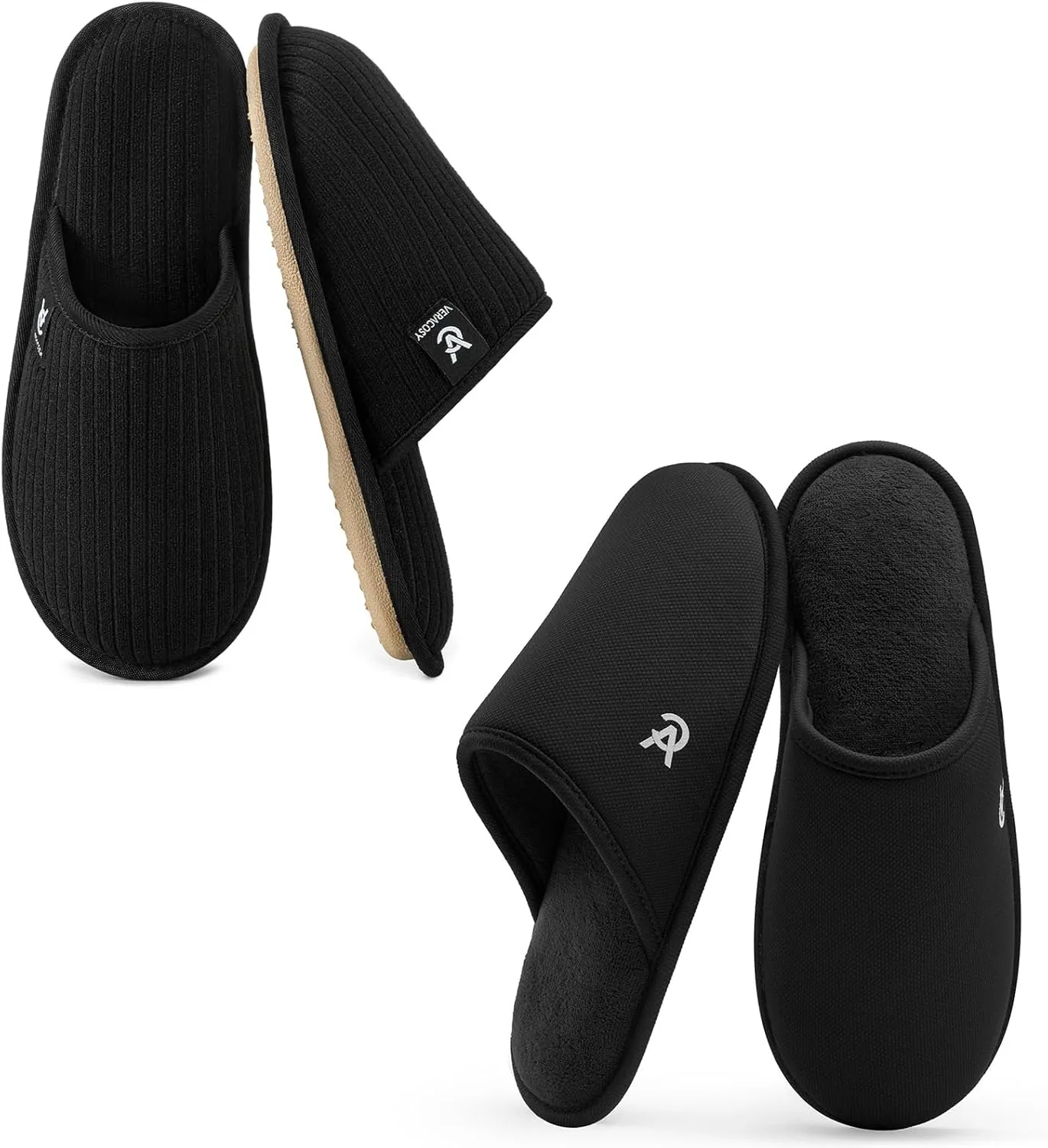 VeraCosy Couple’s Set of 2 Pairs - Women's Terry Cloth Scuff Slippers (Siize9-10, Black) - Men's Knit Scuff Slippers (Size11-12, Black)