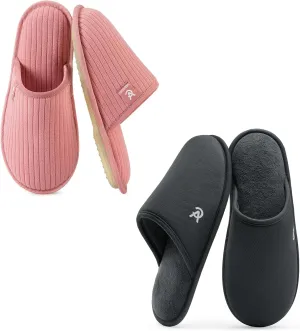 VeraCosy Couple’s Set of 2 Pairs - Women's Terry Cloth Scuff Slippers (Siize9-10, Pink) - Men's Knit Scuff Slippers (Size11-12, Gray)